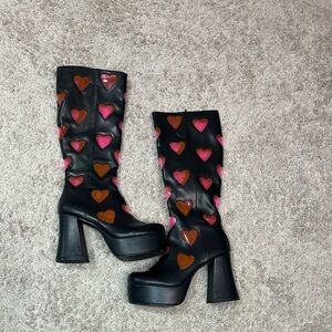 Sugar Thrillz Black Chunky Hill Boots w Hearts